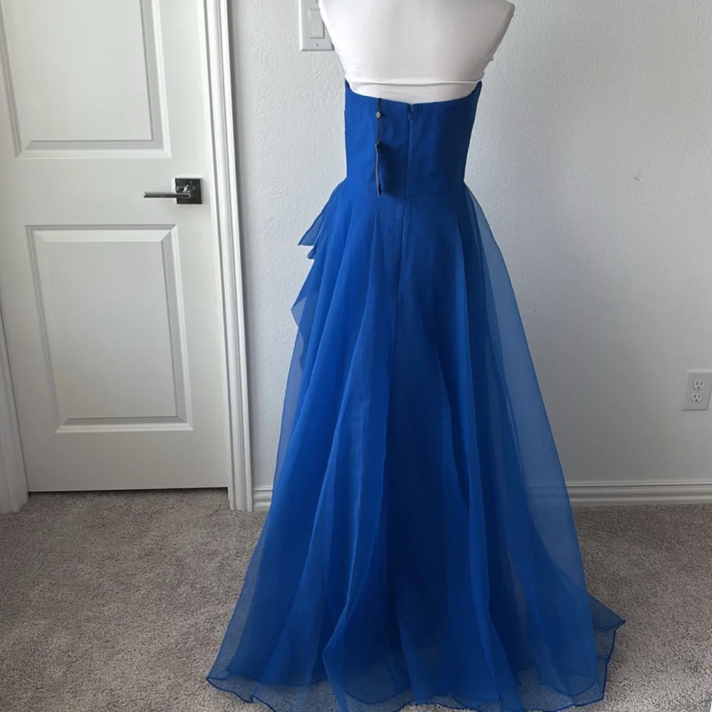 Theia Blue Asymmetrical Ruffled Strapless Gown - Picture 8 of 9
